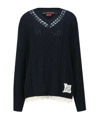 Andersson Bell Lace Chunky V-neck Knit Sweater In Navy Blue
