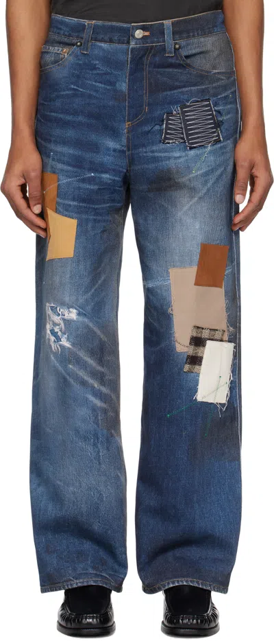 ANDERSSON BELL NAVY PATCHWORK PRINTED DENIM TROMPE L'OEIL JEANS