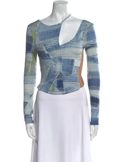 Pre-owned Andersson Bell Printed Asymmetrical Crop Top In Blue