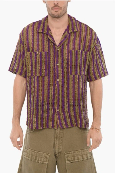 Andersson Bell Short Sleeve Striped Perforated Shirt With Double Breast Poc In Brown