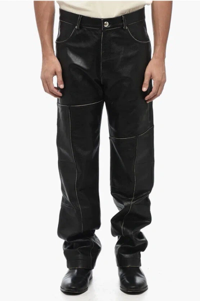 Andersson Bell Straight Leg Leather Dreszen Pants With Belt Loops In Black