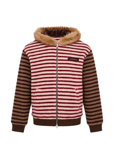 Andersson Bell Stripe-patchwork Faux-fur-trim Hoodie In Brown