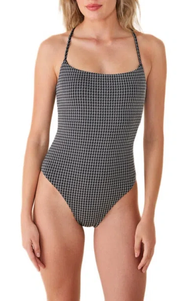 Andie The Fiji Houndstooth Lace-up Back One-piece Swimsuit In Gray
