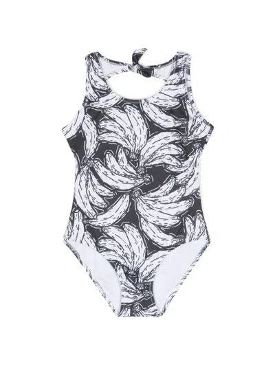 Andorine Kids' Banana-print Open-back Swimsuit In Black