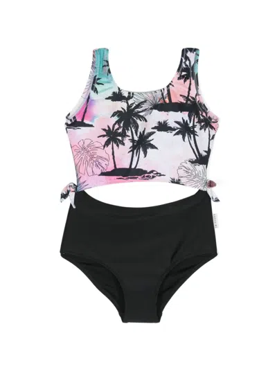 Andorine Kids' Cut-out Detailed Tropical-print Swimsuit In Black