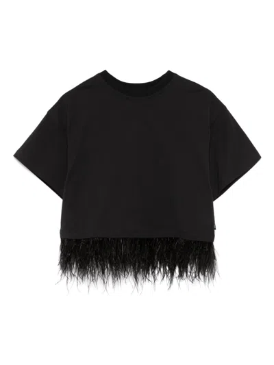 Andorine Kids' Feather-trim T-shirt In 黑色