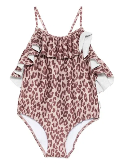 Andorine Kids' Leopard-print Ruffled Swimsuit In Neutral