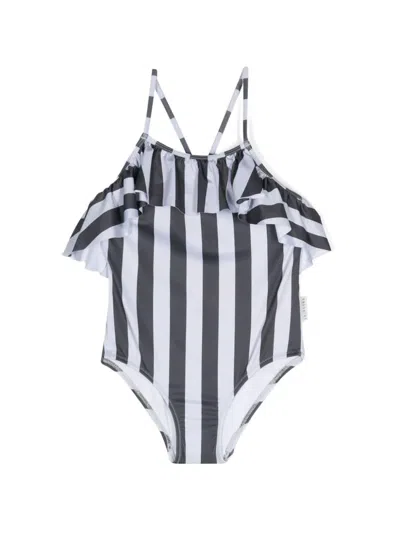 Andorine Kids' Ruffle-detailed Striped Swimsuit In Black