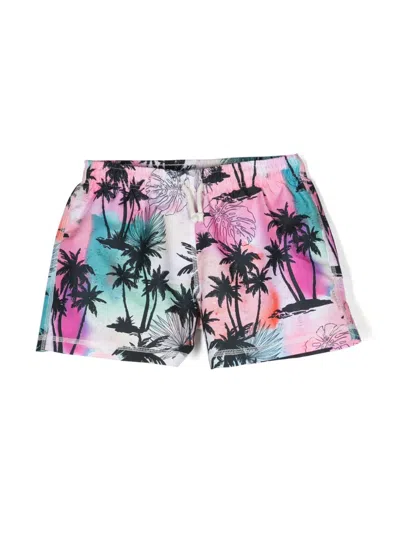 Andorine Kids' Tropical-print Drawstring Swim Shorts In Pink