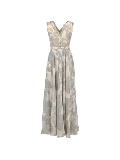 Pre-owned Andrè Laug Vintage Flower-print V-neck Maxi Dress In Neutral