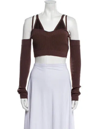 Pre-owned Andrea Adamo Square Neckline Long Sleeve Crop Top In Brown