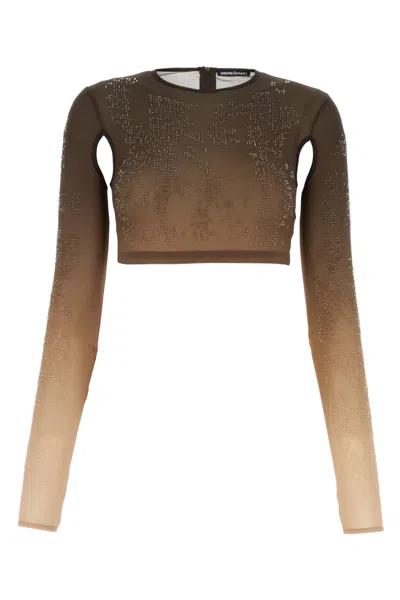 Andrea Adamo Studded Mesh Crop Top In Brown