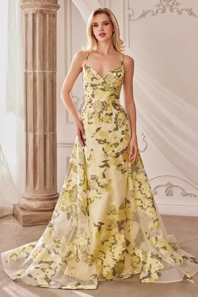 Andrea & Leo A0770 Spaghetti Strap With Organza Print Prom Dress In Yellow