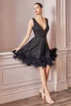 Andrea & Leo A1012 Short Beaded Feather Cocktail Dress In Black