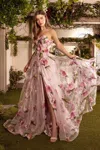 Andrea & Leo A1035 Prom Long Strapless Floral Print Ball Gown In Pink