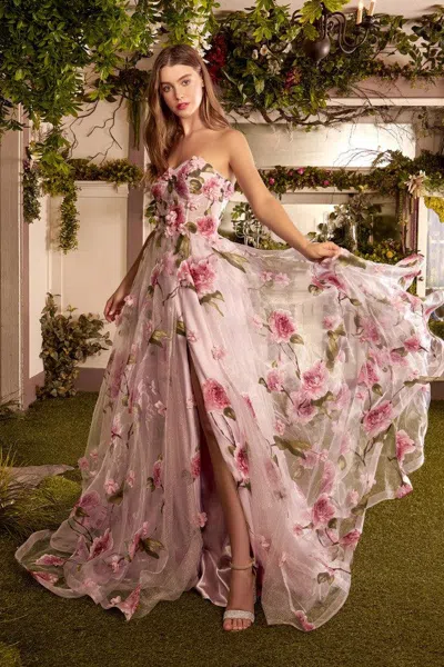 Andrea & Leo A1035 Prom Long Strapless Floral Print Ball Gown In Pink