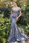 Andrea & Leo A1107 Off Shoulder Mermaid Sequin Formal Gown In Blue