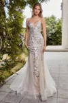 Andrea & Leo A1118 Beaded Lace Applique Mermaid Prom Gown In Silver