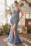Andrea & Leo A1362 Beaded Long High Slit Formal Prom Dress In Blue
