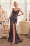 Andrea & Leo A1374 Long Ombre Sequin Fitted Formal Prom Dress In Black