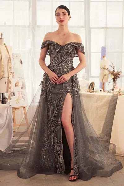 Andrea & Leo A1375 Fitted Long Overskirt Beaded Formal Prom Dress In Silver