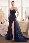 Andrea & Leo A1379 Long Floral Beaded Applique Formal Prom Dress In Blue