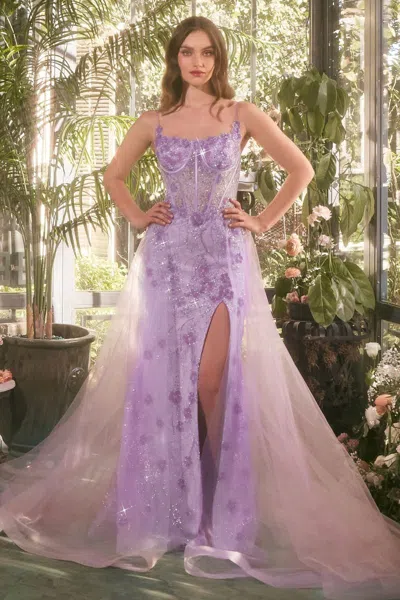 Andrea & Leo A1382 Long Formal Fitted Glitter Overskirt Prom Dress In Purple