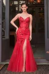 Andrea & Leo A1388 Long Formal Beaded Mermaid Sequin Prom Dress In Red