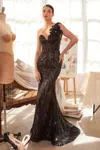 Andrea & Leo A1392 Fitted Long Formal Beaded Floral Prom Dress In Black