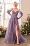 Andrea & Leo A1398 Long A Line Gltter Formal Layered Slit Prom Dress In Purple