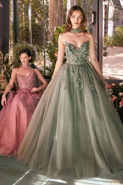Andrea & Leo A1399 Long Lace Formal Ball Gown Glitter Prom Dress In Green