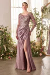 Andrea & Leo A1403 Long Sleeve Formal Sequin Applique Evening Dress In Pink