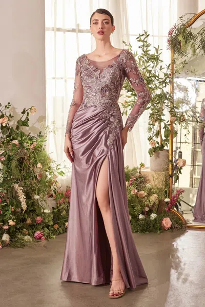 Andrea & Leo A1403 Long Sleeve Formal Sequin Applique Evening Dress In Pink