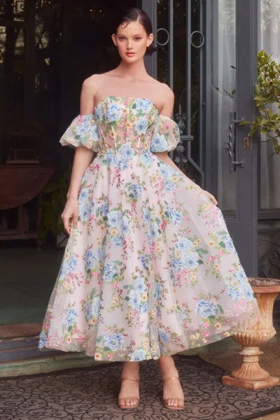 Andrea & Leo A1406 Tea Length A Line Printed Floral Formal Dress In Pink
