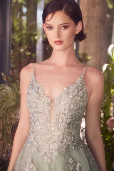 Andrea & Leo A1417 Long Formal A Line Lace Prom Dress In Green