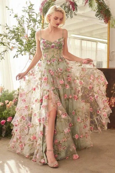 Andrea & Leo A1420 Long Floral Printed A Line Formal Prom Dress In Green