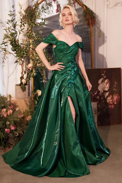 Andrea & Leo A1424 Long Pleated Ball Gown Slit Formal Prom Dress In Green