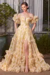 Andrea & Leo A1430 Ball Gown Long Floral Printed Formal Prom Dress In Yellow