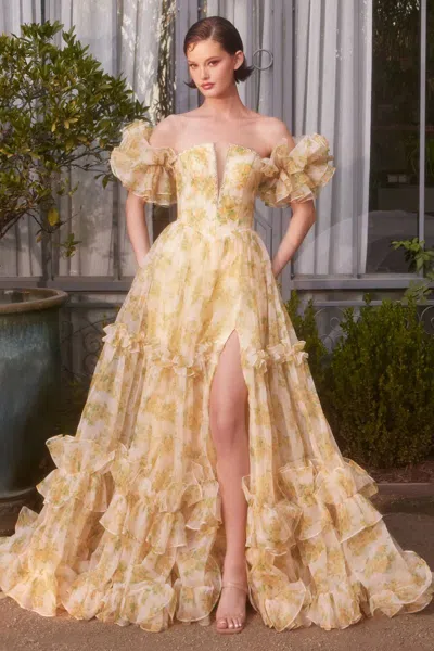 Andrea & Leo A1430 Ball Gown Long Floral Printed Formal Prom Dress In Yellow