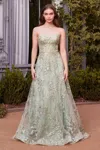 Andrea & Leo A1446 Long Ball Gown Floral Lace Formal Prom Dress In Green