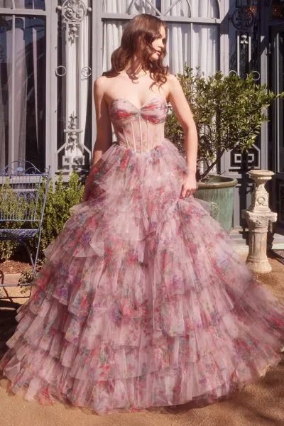 Andrea & Leo A1463 Long Ball Gown Floral Print Ruffle Corset Prom Dress In Multi