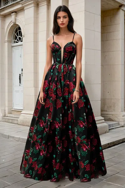 Andrea & Leo A1465 Long Floral Printed Formal Prom Dress In Black