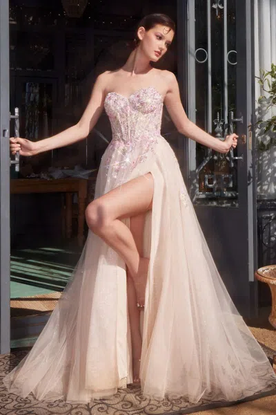 Andrea & Leo A1468 Long Formal Applique A Line Prom Dress In Pink