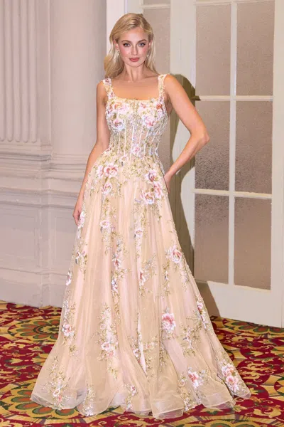 Andrea & Leo A1480 Glitter Long A Line Formal Floral Applique Prom Dress In Gold