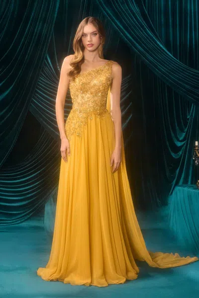 Andrea & Leo A1495 Long Formal Beaded Floral Evening Dress In Yellow