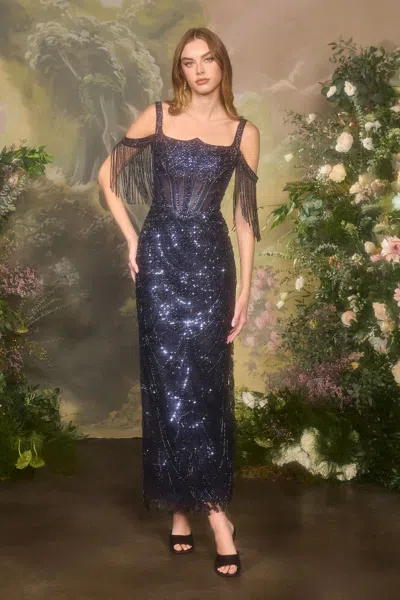 Andrea & Leo A1511 Sequin Fitted Formal Long Prom Dress In Blue
