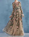 Andrea & Leo Couture Long Sleeve Sequined Lace A-line Gown In Copper