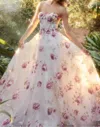 Andrea & Leo Couture Rosette Printed Organza Gown In Champagne Multi In White