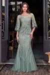 Andrea & Leo Ma105 Long Formal Fitted Lace Capelet Evening Dress In Green