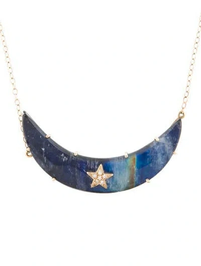 Pre-owned Andrea Fohrman 14k Moonstone Doublet & Diamond Moon Pendant Necklace, 20" In Multi